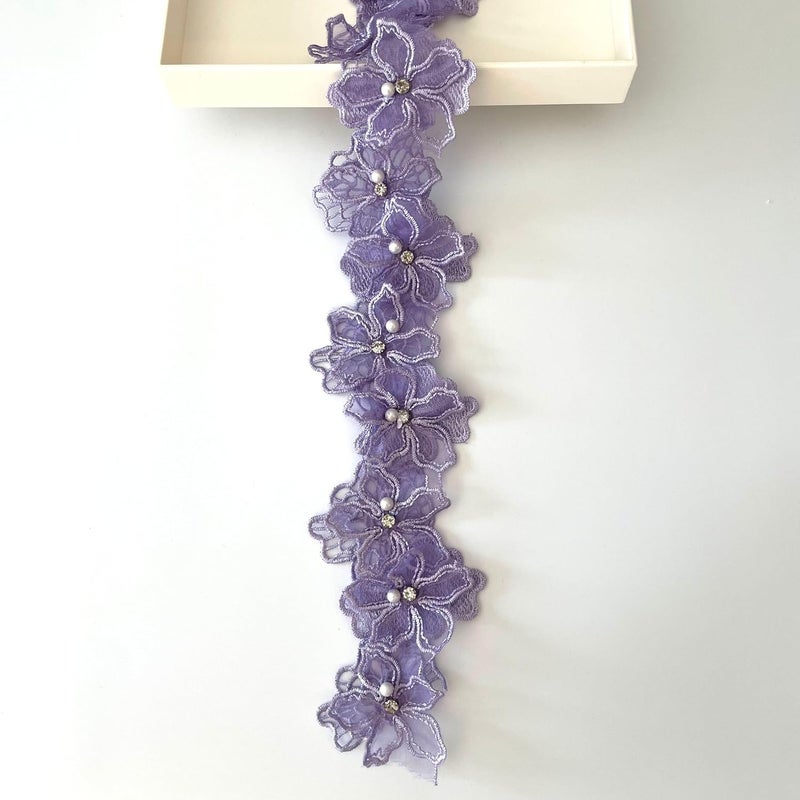 Buysk 2 Yards 3D Pearl Beads Flower Lace Trim Ribbon Floral Applique Embroidered Lace Fabric for Sewing DIY Crafts (Purple) - Image 1